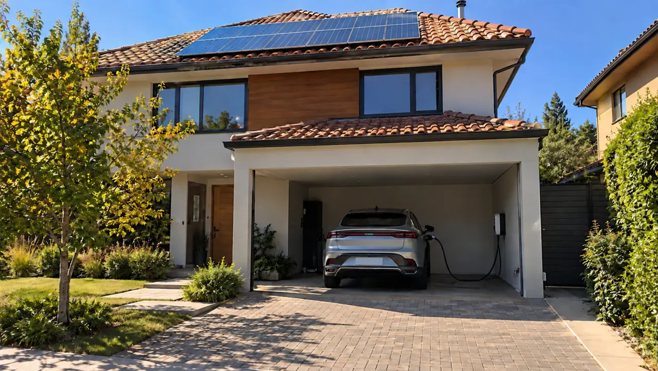 Techo con paneles solares y un auto eléctrico cargando en el garaje abierto
