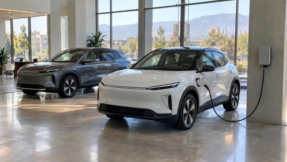 Sala de ventas de una automotora con un auto eléctrico conectado a un cargador de pared para la entrega