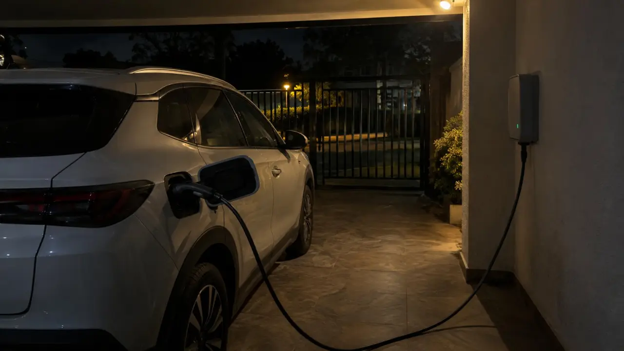 Auto eléctrico cargando de noche en el garaje de una casa, con la luz de estado encendida