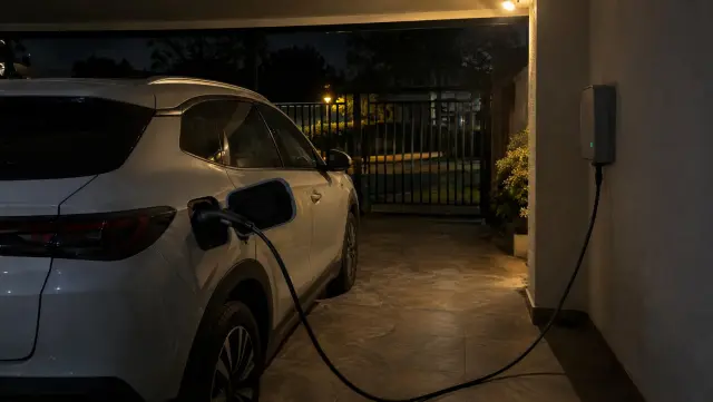Auto eléctrico cargando de noche en el garaje de una casa, con la luz de estado encendida