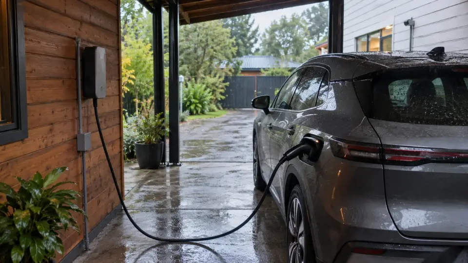 Auto eléctrico cargando bajo una cochera techada en un día de lluvia en Concepción