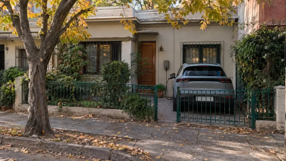 Casa antigua de Ñuñoa con el auto eléctrico cargando en el antejardín