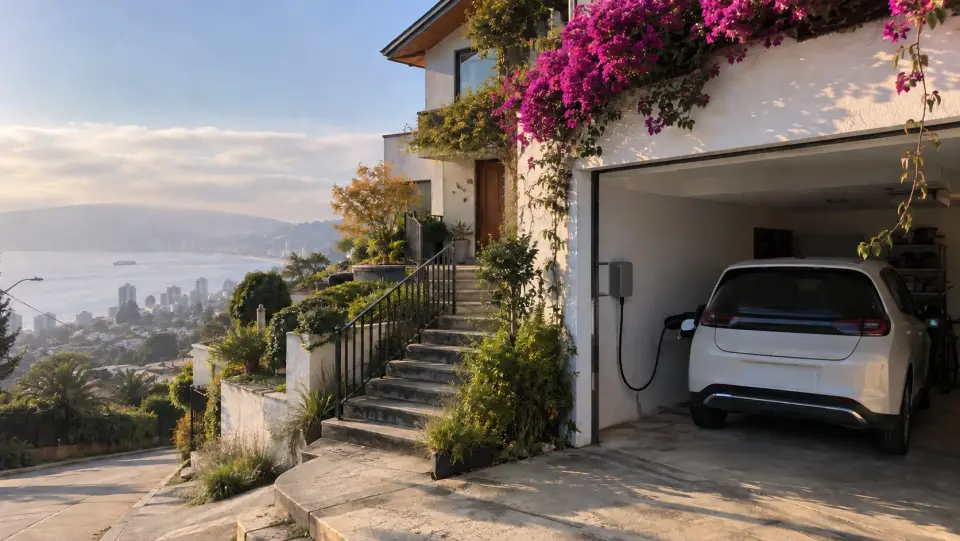 Casa en un cerro de Viña del Mar con el auto cargando en el garaje y la bahía al fondo