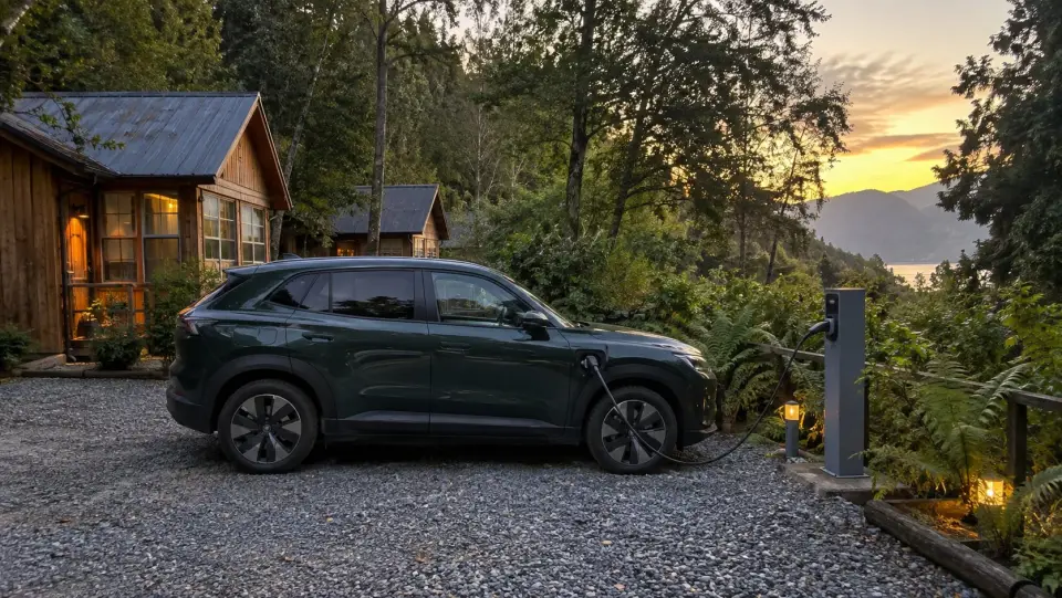 Auto eléctrico cargando en el estacionamiento de unas cabañas rodeadas de bosque