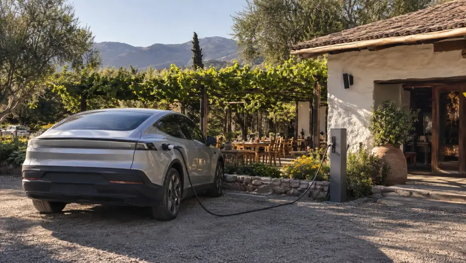 Auto eléctrico cargando en el estacionamiento de un restaurante campestre con parrón