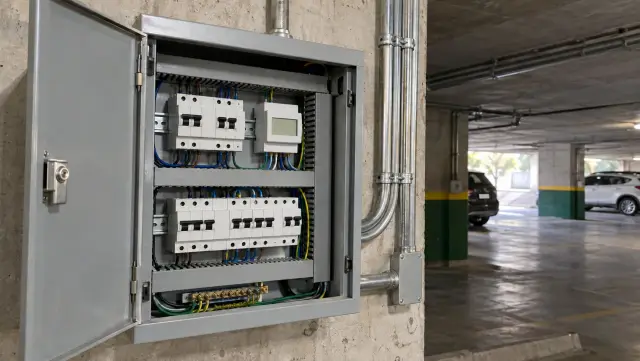 Tablero eléctrico abierto en un subterráneo de edificio con automáticos y medidor de energía modular