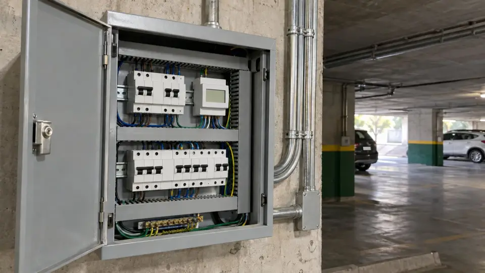 Tablero eléctrico abierto en un subterráneo de edificio con automáticos y medidor de energía modular