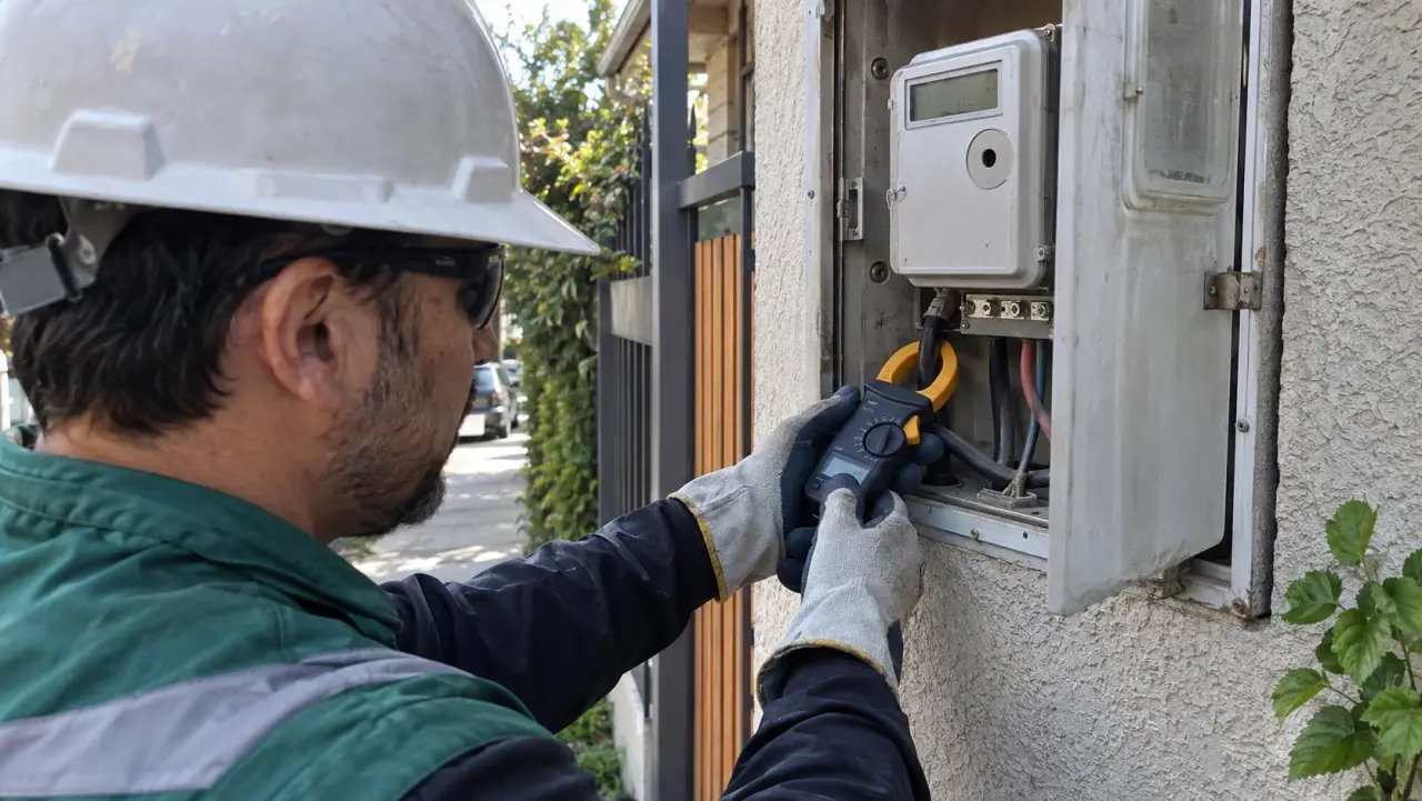 Electricista midiendo el consumo con una pinza amperimétrica junto al medidor de la casa