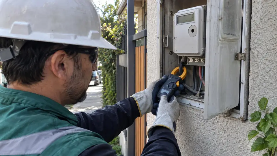 Electricista midiendo el consumo con una pinza amperimétrica junto al medidor de la casa