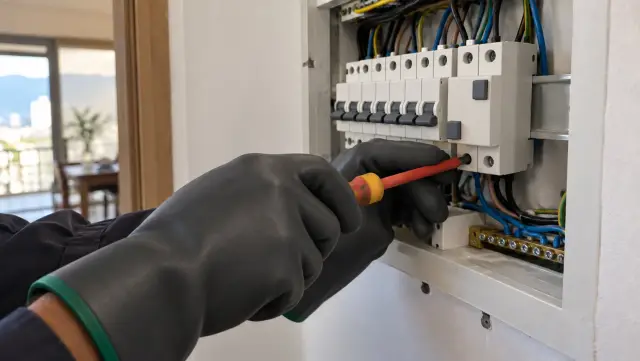 Manos con guantes aislantes revisando los automáticos de un tablero eléctrico de casa