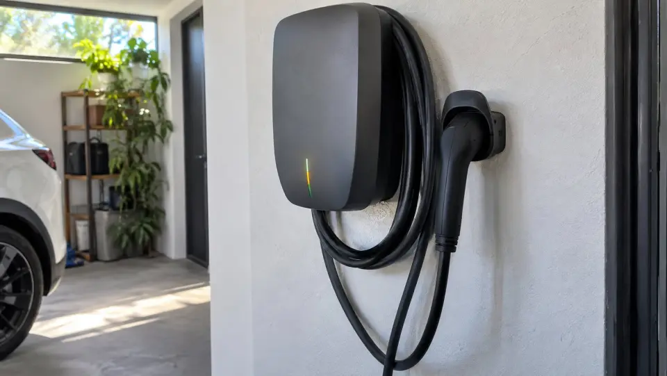 Cargador de pared gris con el conector en su soporte y el cable enrollado